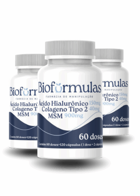 3 frascos Colágeno Tipo 2 + Ácido Hialurônico + MSM - 60 Doses